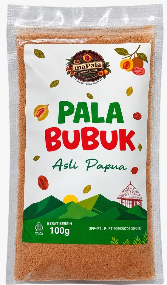 Kemasan depan Pala Bubuk Asli Papua maPala