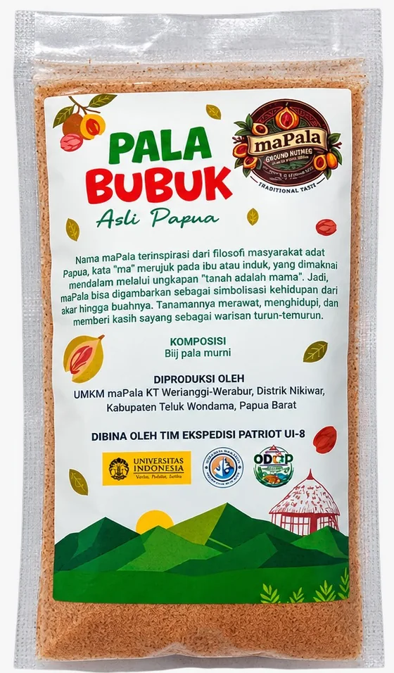 Kemasan belakang Pala Bubuk maPala berisi cerita dan komposisi