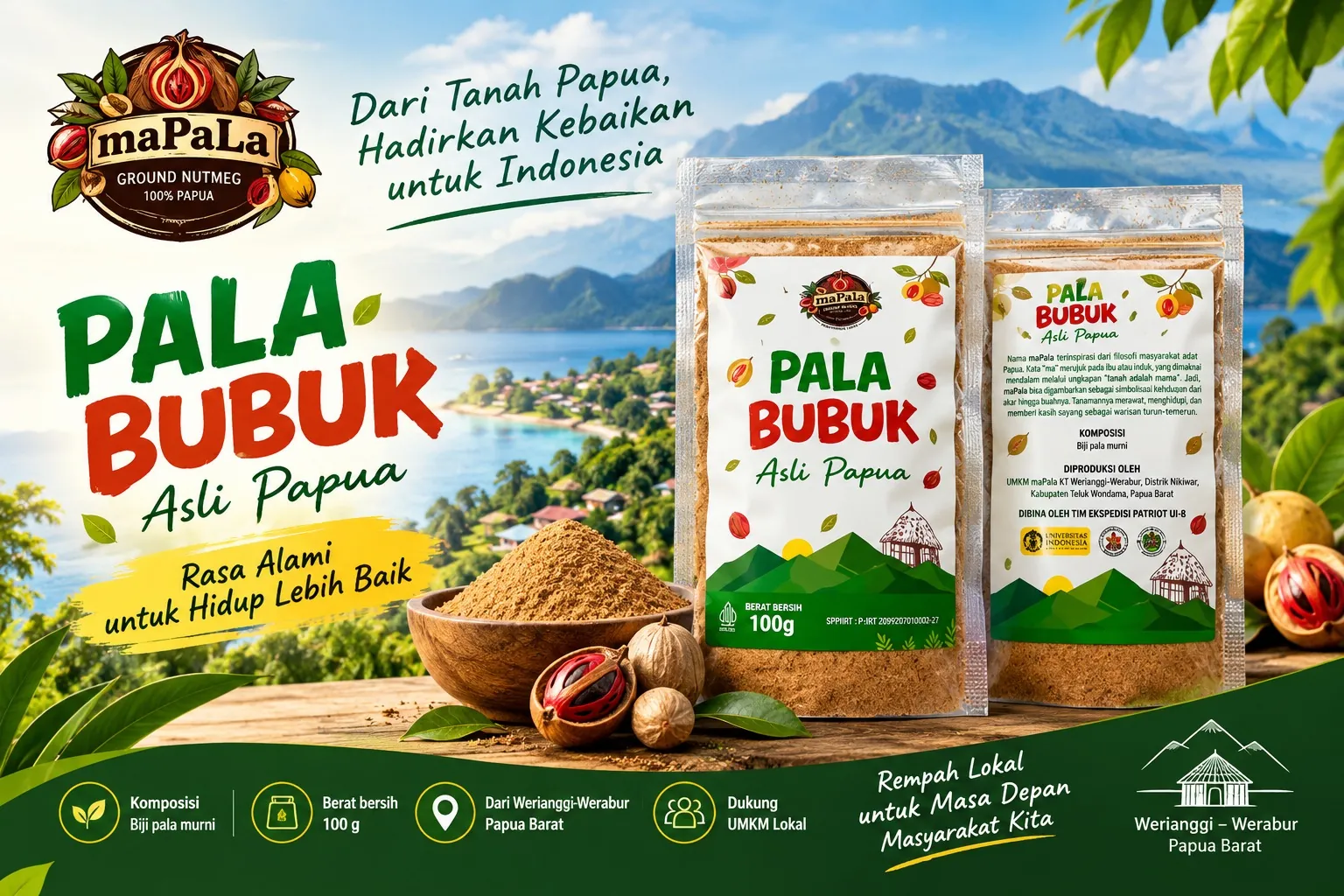 Banner maPala: Pala Bubuk Asli Papua, kemasan 100 g, dari Werianggi-Werabur, Papua Barat