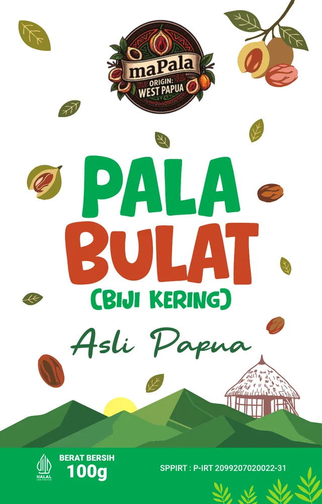 Label depan Pala Bulat (Biji Kering) Asli Papua maPala 100 g