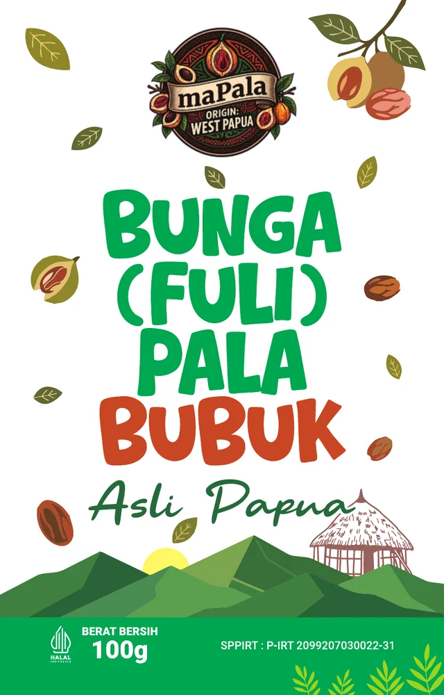 Label depan Bunga (Fuli) Pala Bubuk Asli Papua maPala 100 g