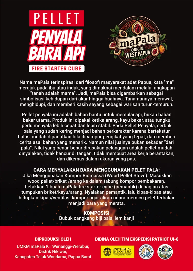 Label belakang Pellet Penyala Bara Api maPala berisi cara pakai